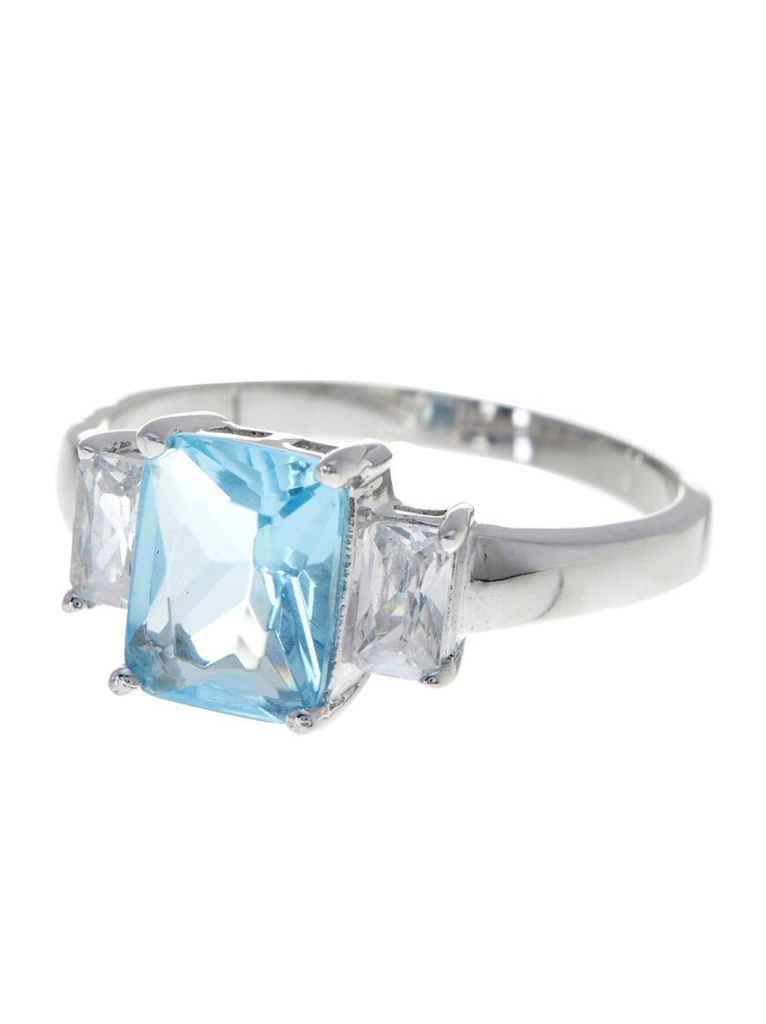Sterling Silver Emerald Cut Blue Topaz CZ 3 Stone Ring - Sterling Forever