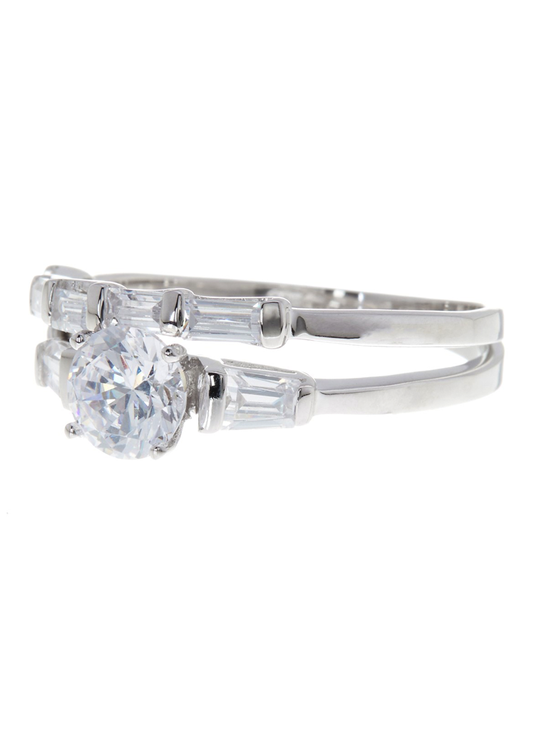 Sterling Silver Brilliant Engagement Ring w/ Baguette Sides & Band - Sterling Forever