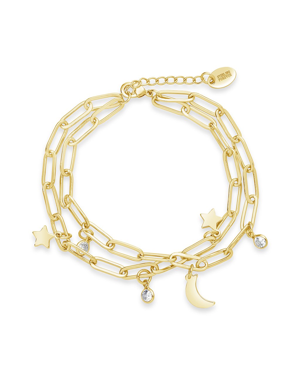 CZ, Moon, & Star Double Chain Bracelet - Sterling Forever