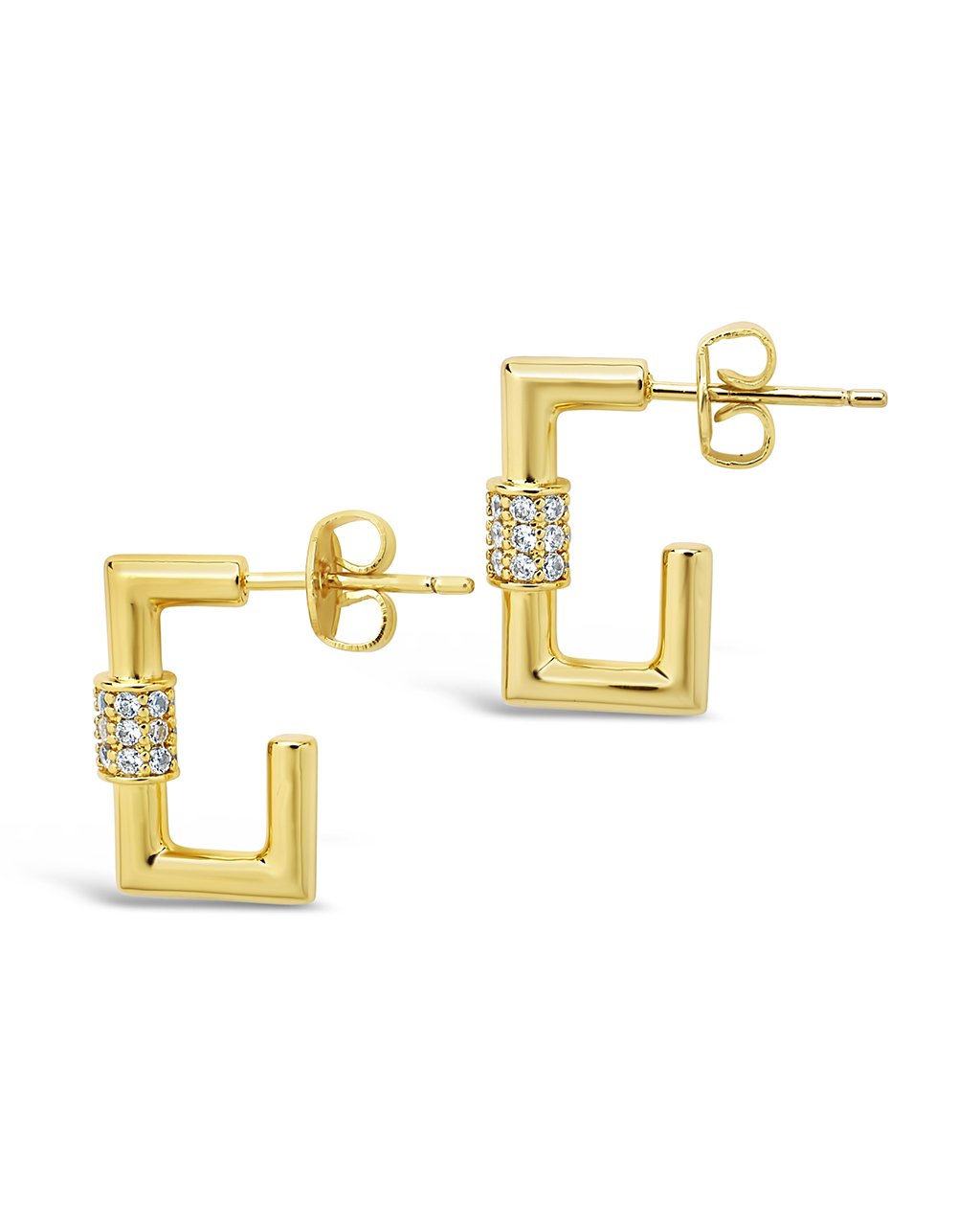 Square CZ Carabiner Clip Huggie Hoops Earring Sterling Forever Gold Clear