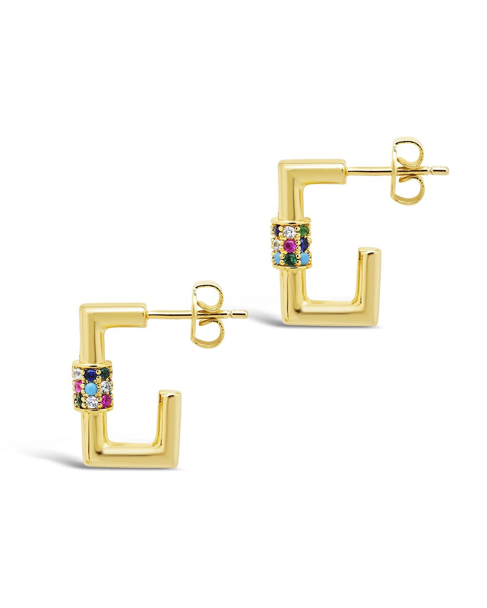 Square CZ Carabiner Clip Huggie Hoops Earring Sterling Forever Gold Multi