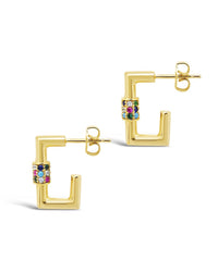 Square CZ Carabiner Clip Huggie Hoops Earring Sterling Forever Gold Multi
