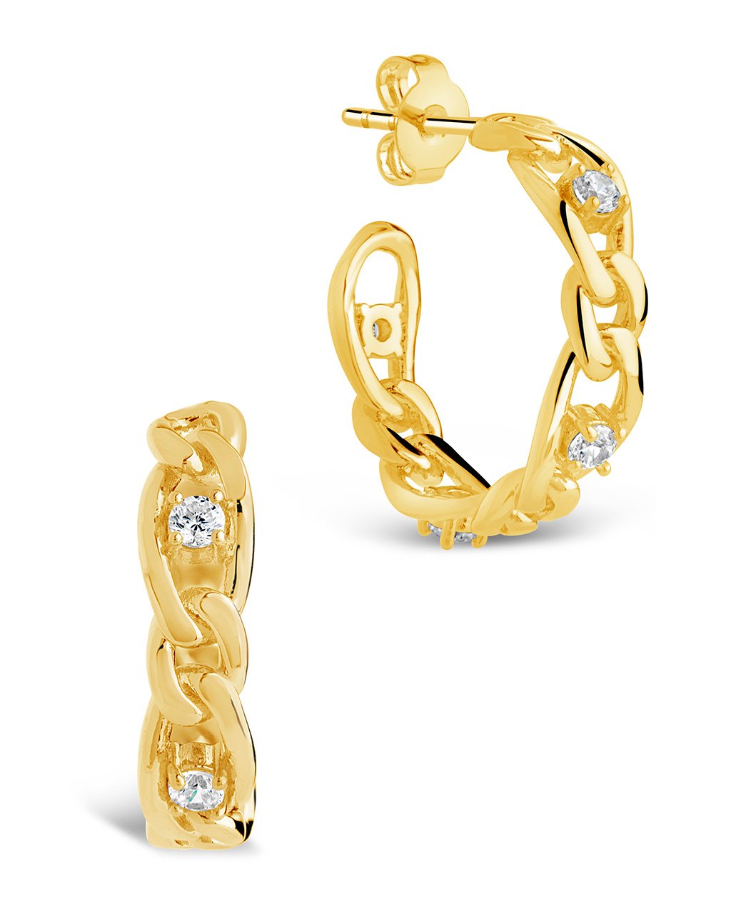 CZ Studded Figaro Link Hoops Earring Sterling Forever Gold 