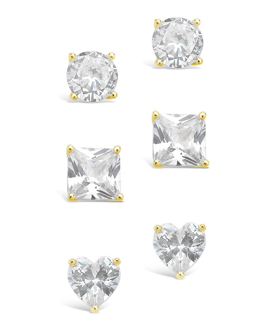 Sterling Silver Statement CZ Stud Set of 3 Earring Sterling Forever Gold 