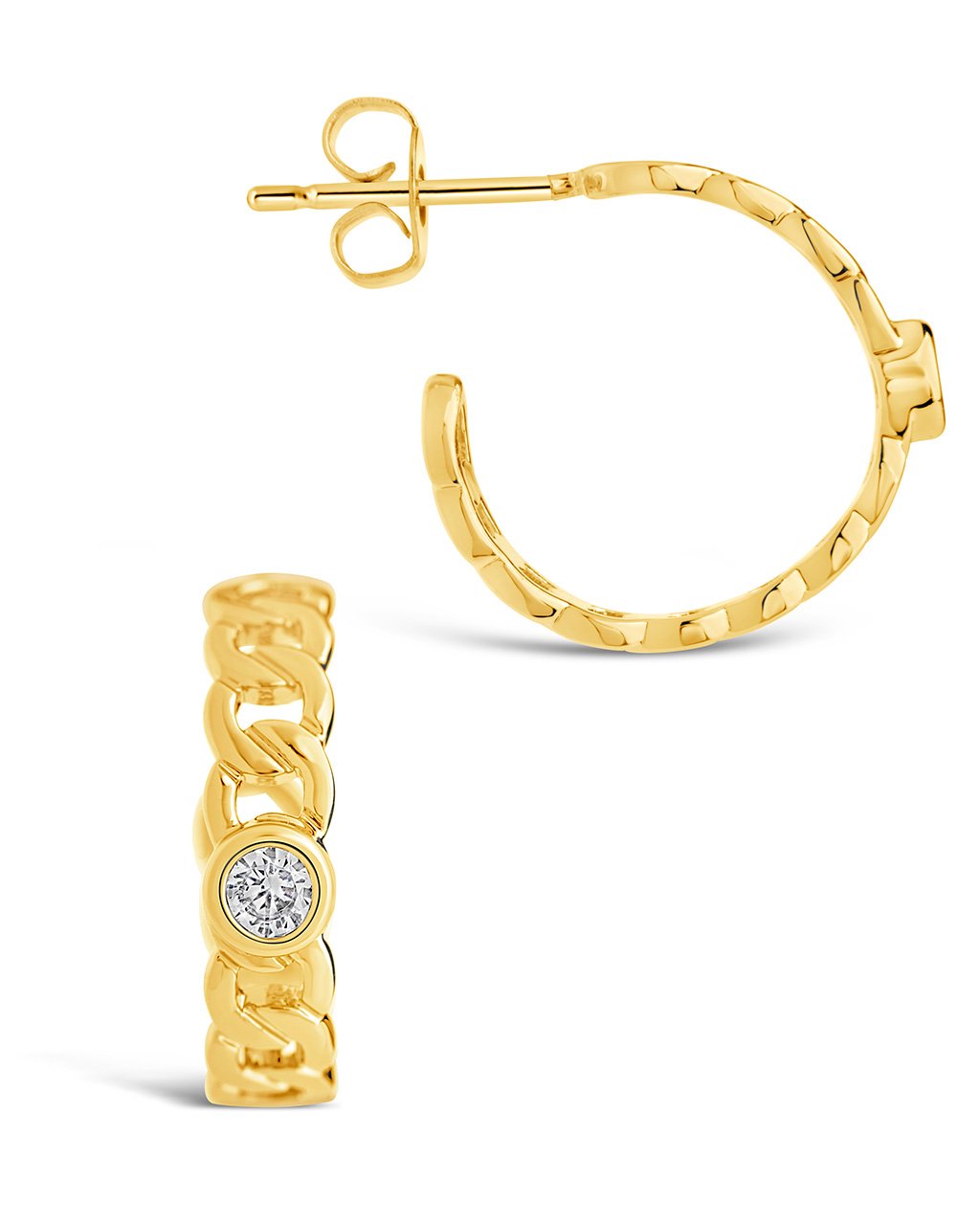 Sterling Silver Curb Chain Hoops with Bezel CZ Earring Sterling Forever Gold 