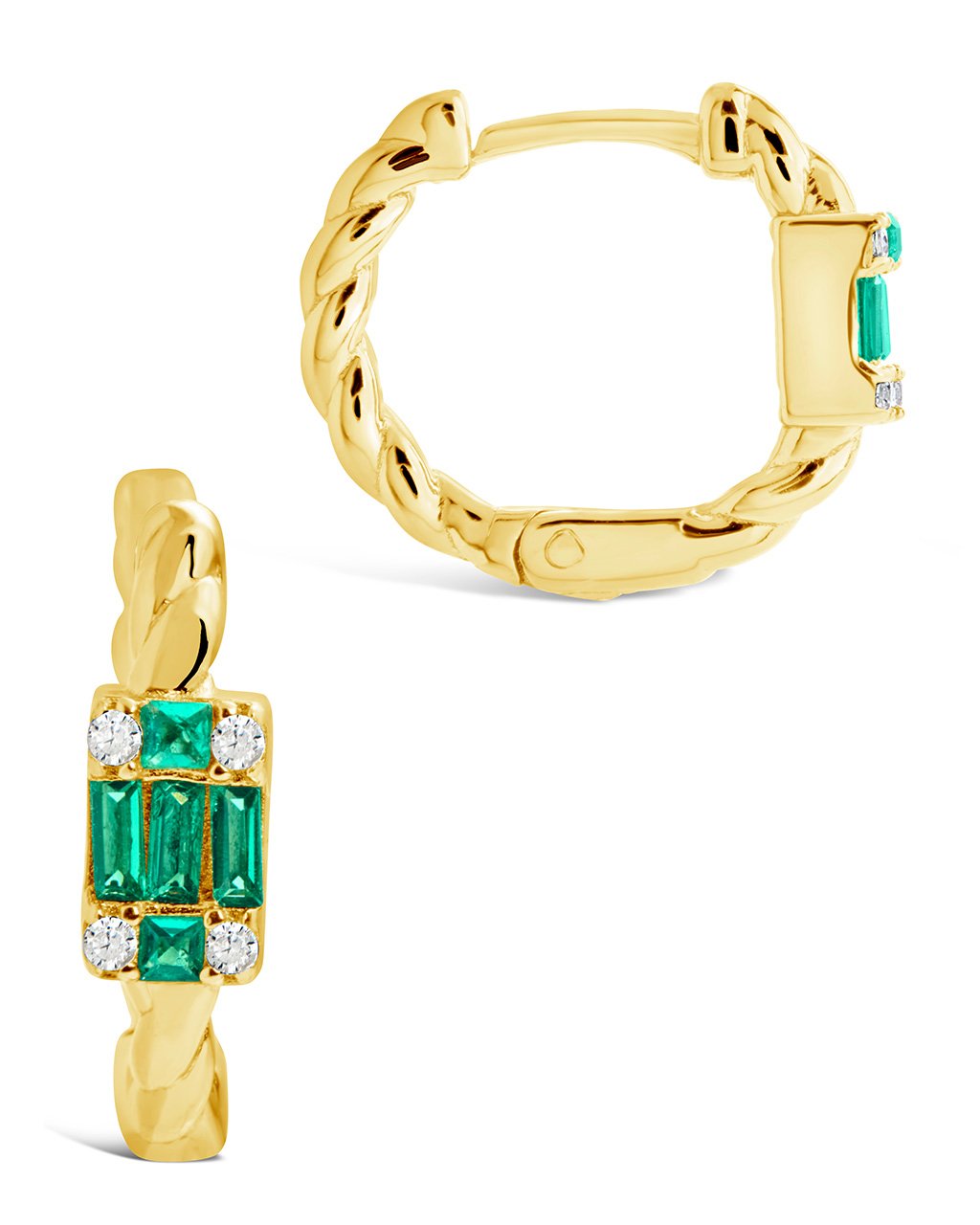 Sterling Silver Braided Micro Hoops with Emerald Baguette CZ Stones Earring Sterling Forever Gold 