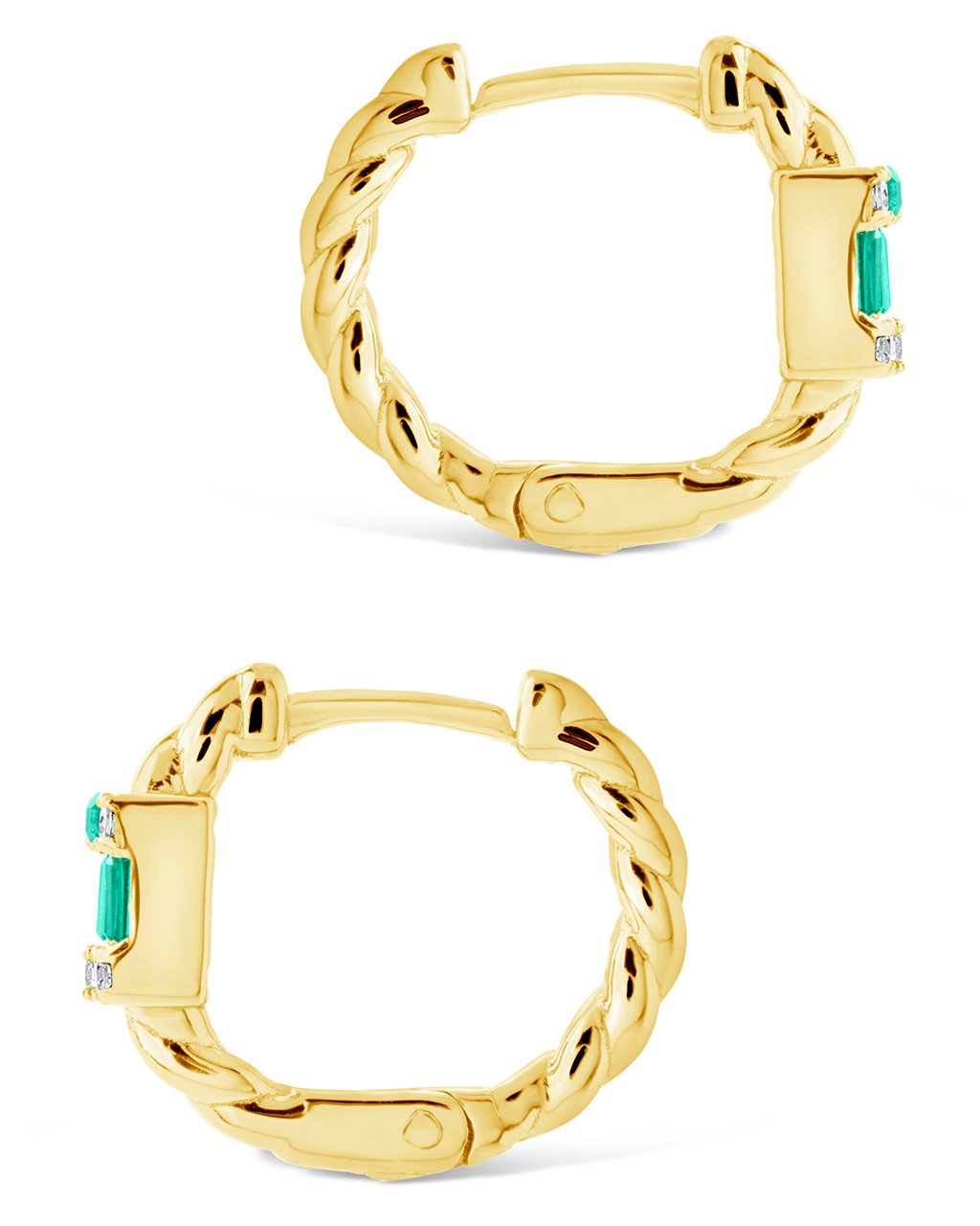 Sterling Silver Braided Micro Hoops with Emerald Baguette CZ Stones Earring Sterling Forever 
