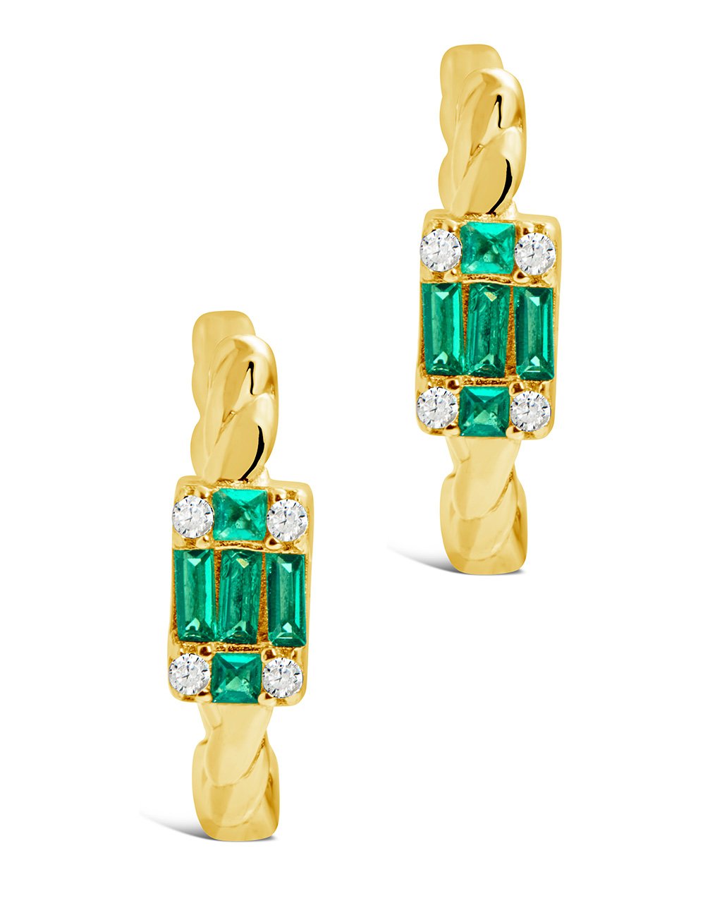 Sterling Silver Braided Micro Hoops with Emerald Baguette CZ Stones Earring Sterling Forever 