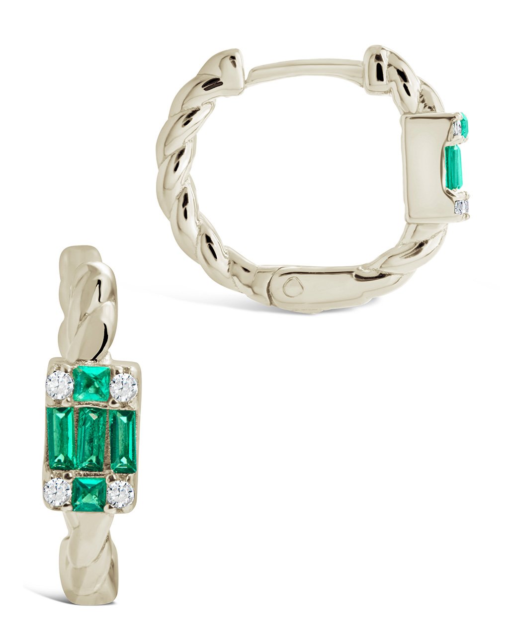 Sterling Silver Braided Micro Hoops with Emerald Baguette CZ Stones Earring Sterling Forever Silver 