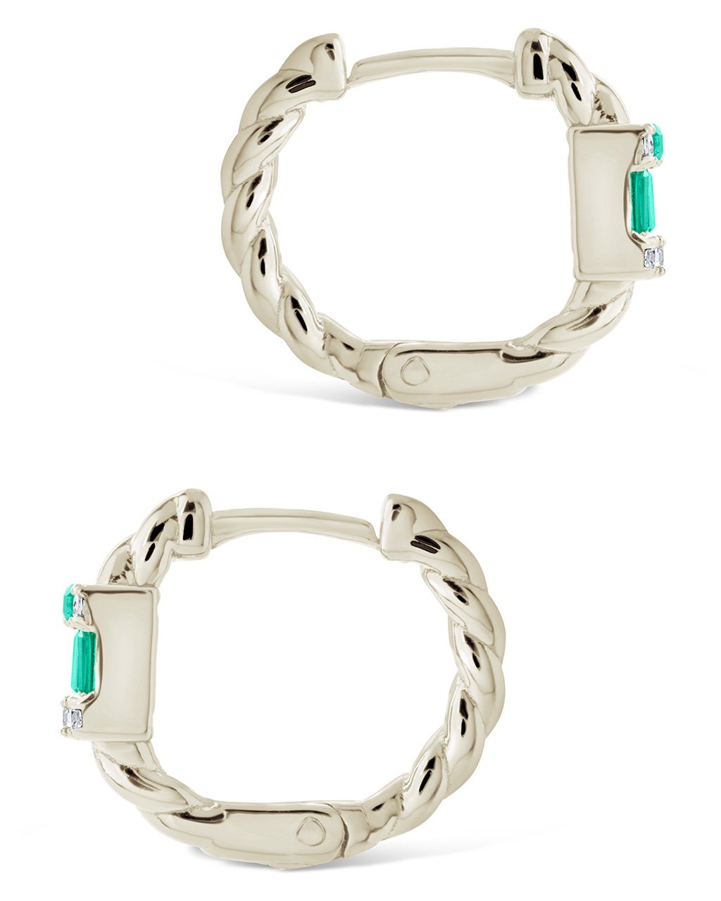 Sterling Silver Braided Micro Hoops with Emerald Baguette CZ Stones Earring Sterling Forever 