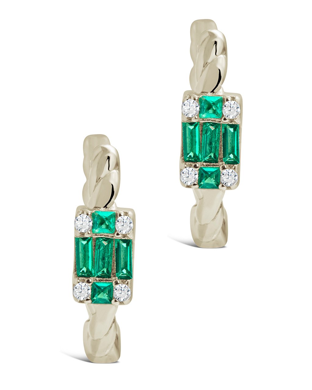 Sterling Silver Braided Micro Hoops with Emerald Baguette CZ Stones Earring Sterling Forever 