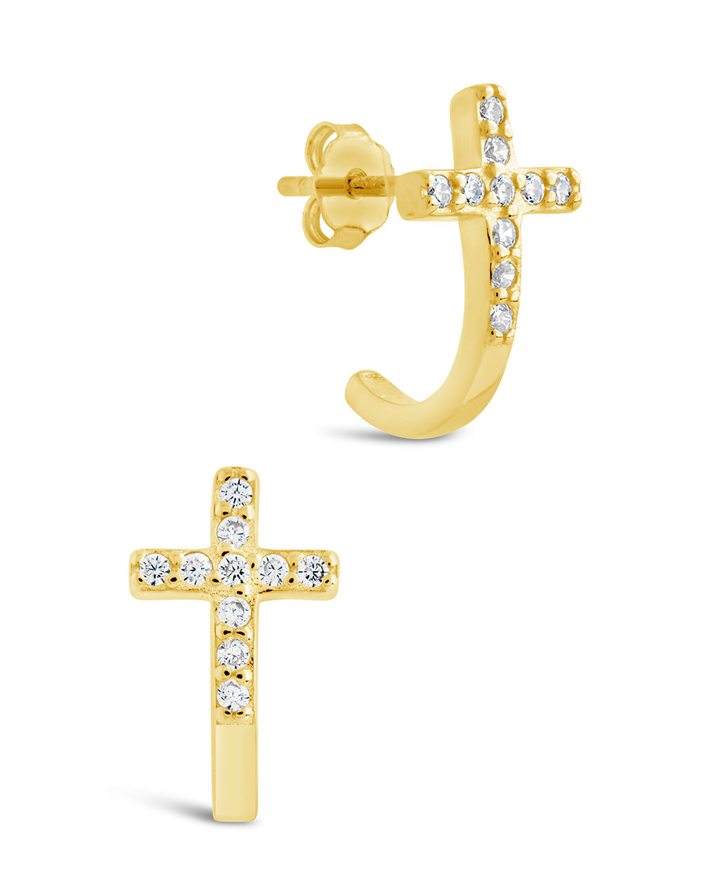 Sterling Silver CZ Cross Huggie Hoops Earring Sterling Forever Gold 
