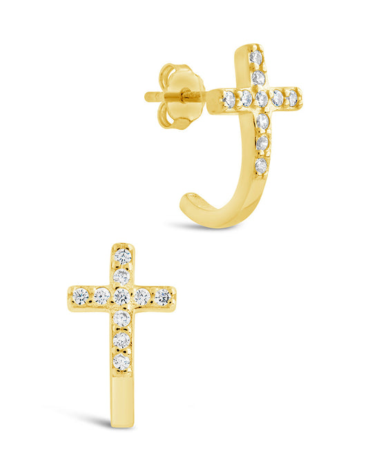 Sterling Silver CZ Cross Huggie Hoops Earring Sterling Forever Gold 