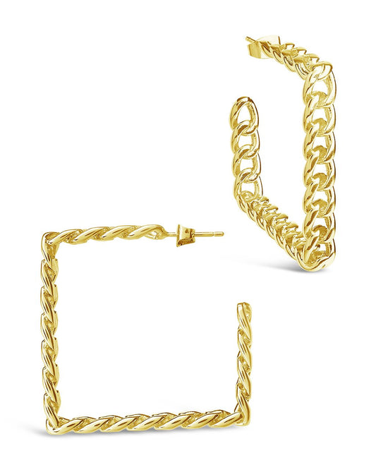 Square Cuban Link Hoops Earring Sterling Forever Gold 