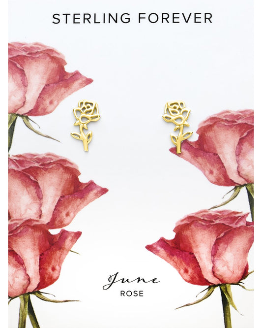 Sterling Silver Birth Flower Studs Earring Sterling Forever Gold June / Rose 