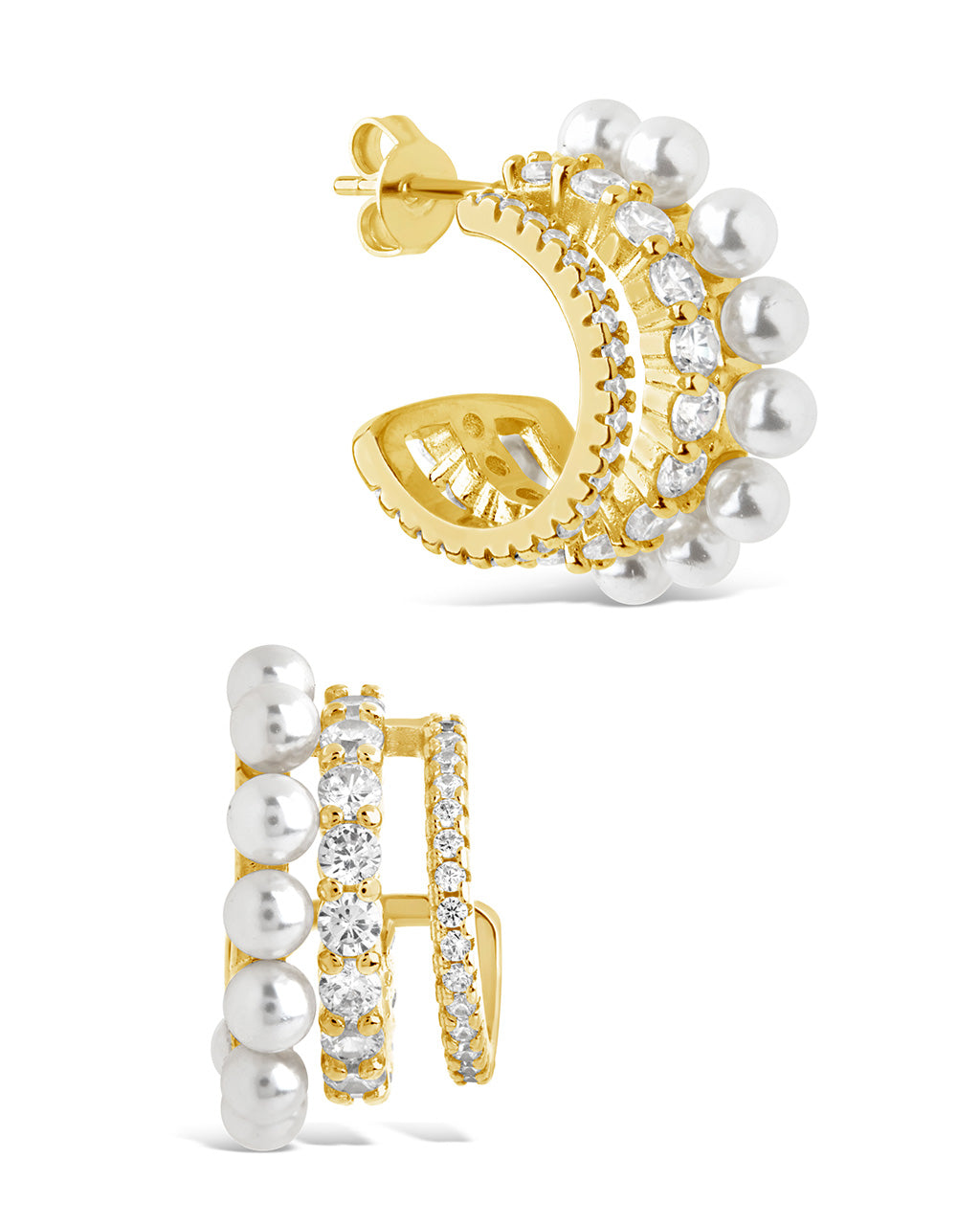 Three Row Pearl & CZ Huggie Hoop Studs Earring Sterling Forever Gold 