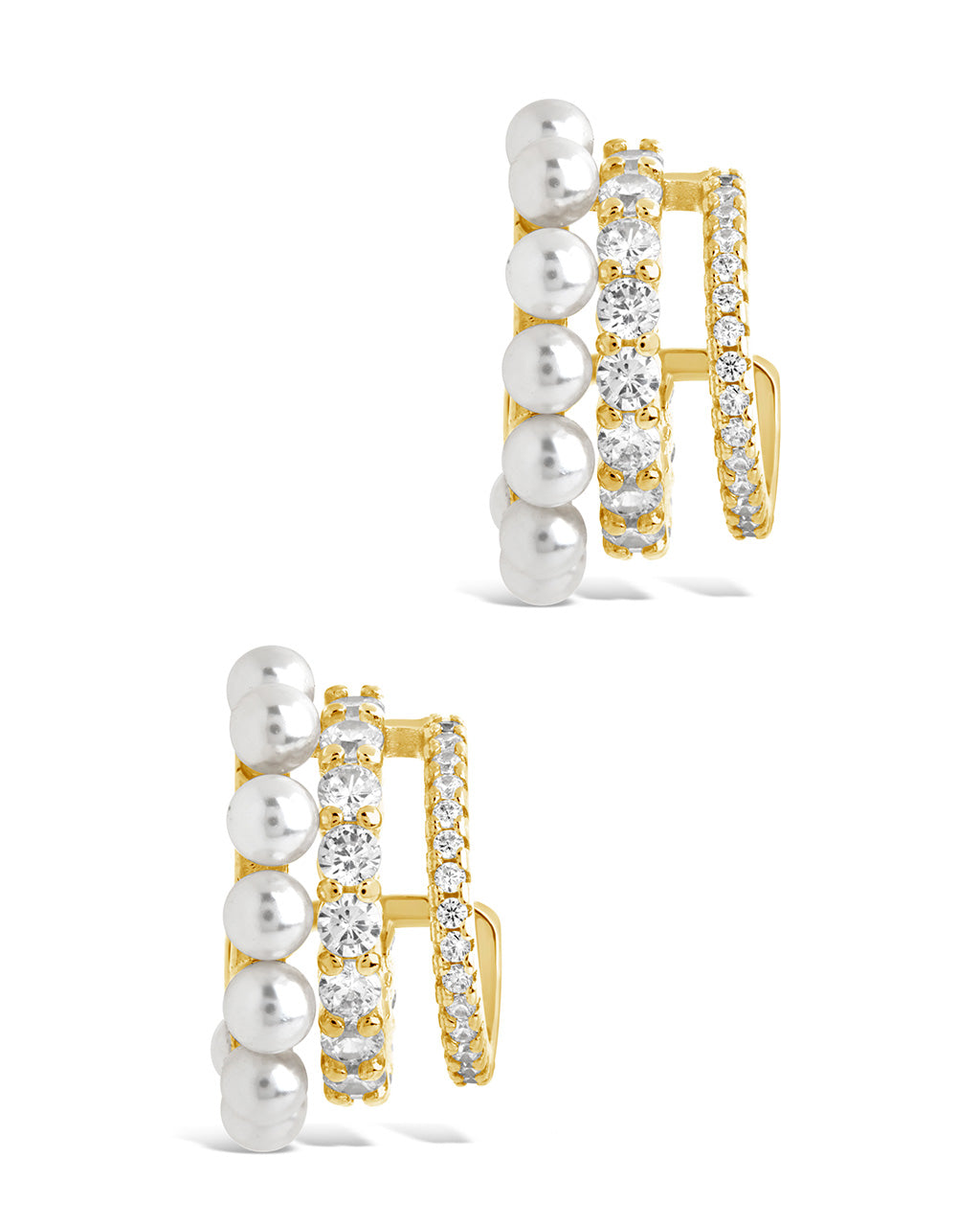 Three Row Pearl & CZ Huggie Hoop Studs Earring Sterling Forever 