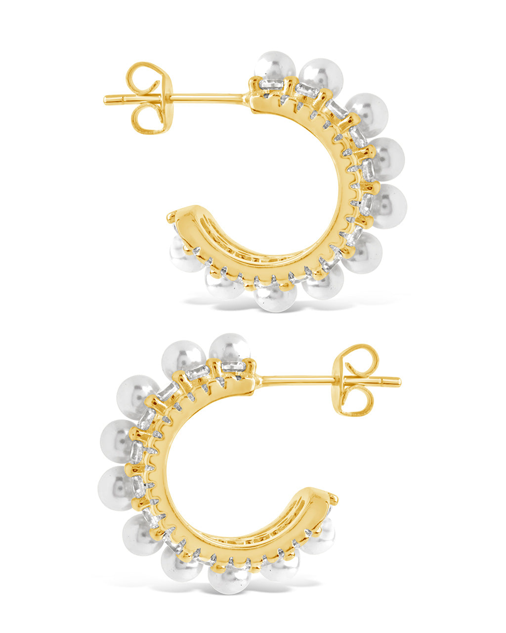Three Row Pearl & CZ Huggie Hoop Studs Earring Sterling Forever 