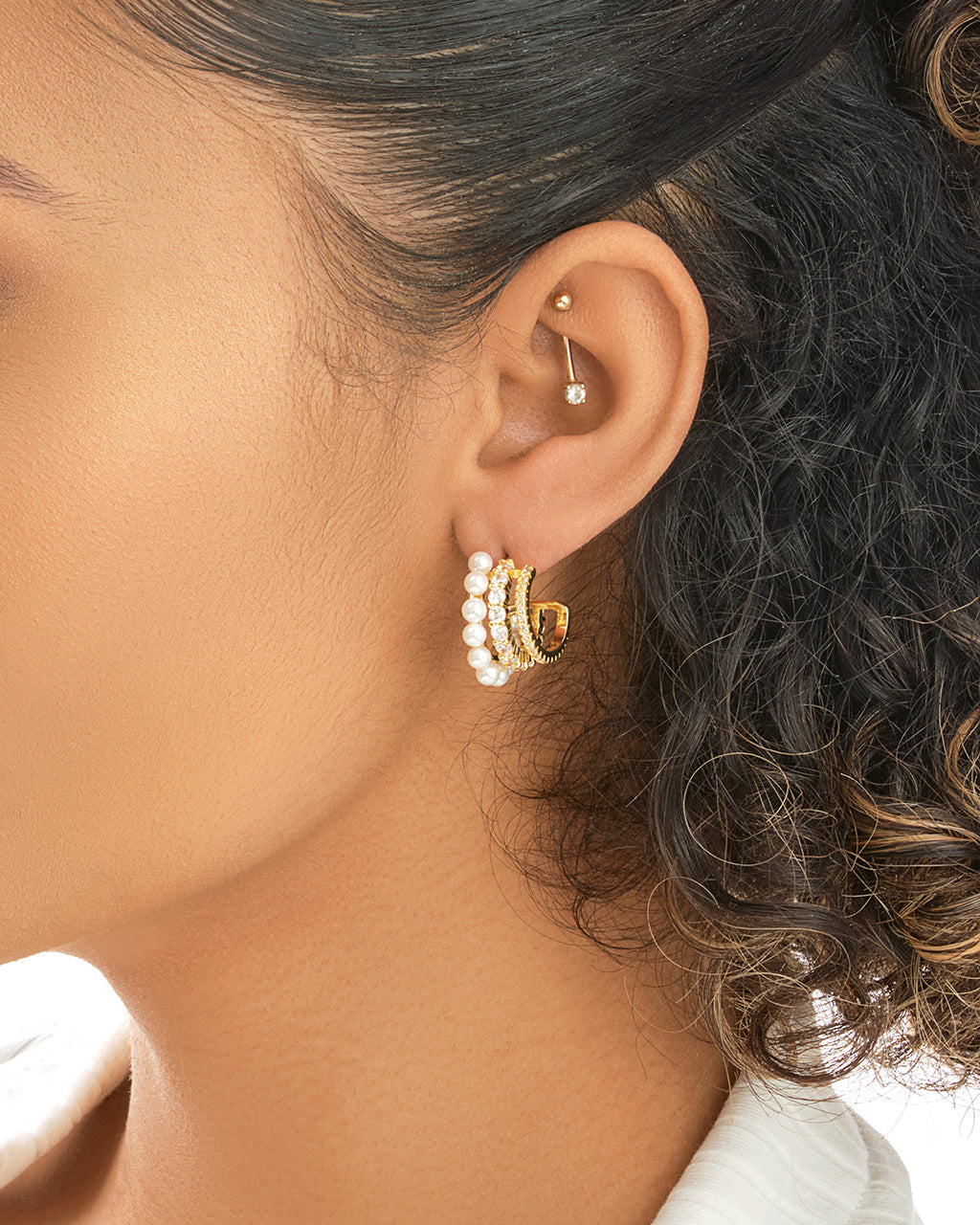 Three Row Pearl & CZ Huggie Hoop Studs Earring Sterling Forever 