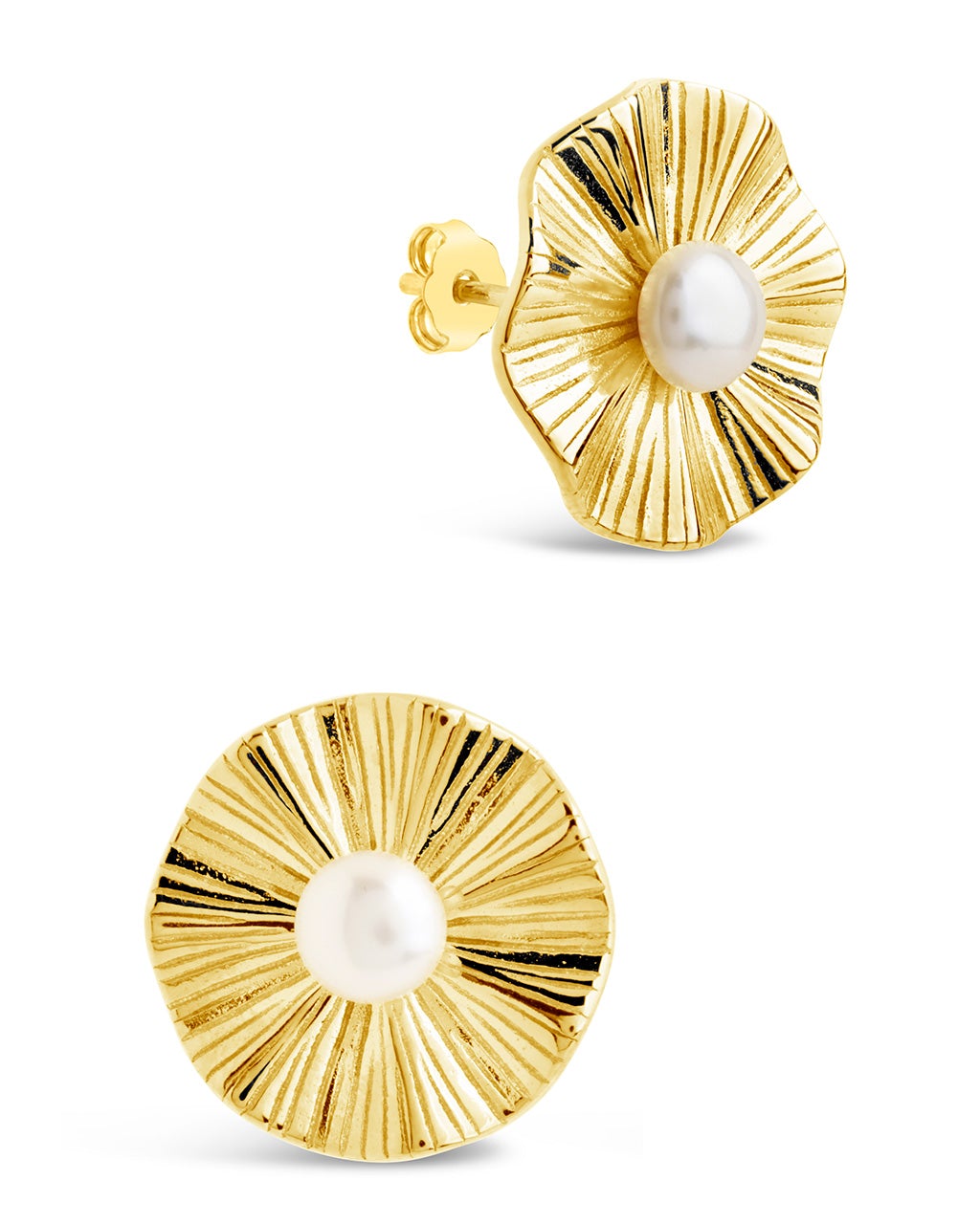 Sterling Silver Textured Disk & Pearl Studs Earring Sterling Forever Gold 