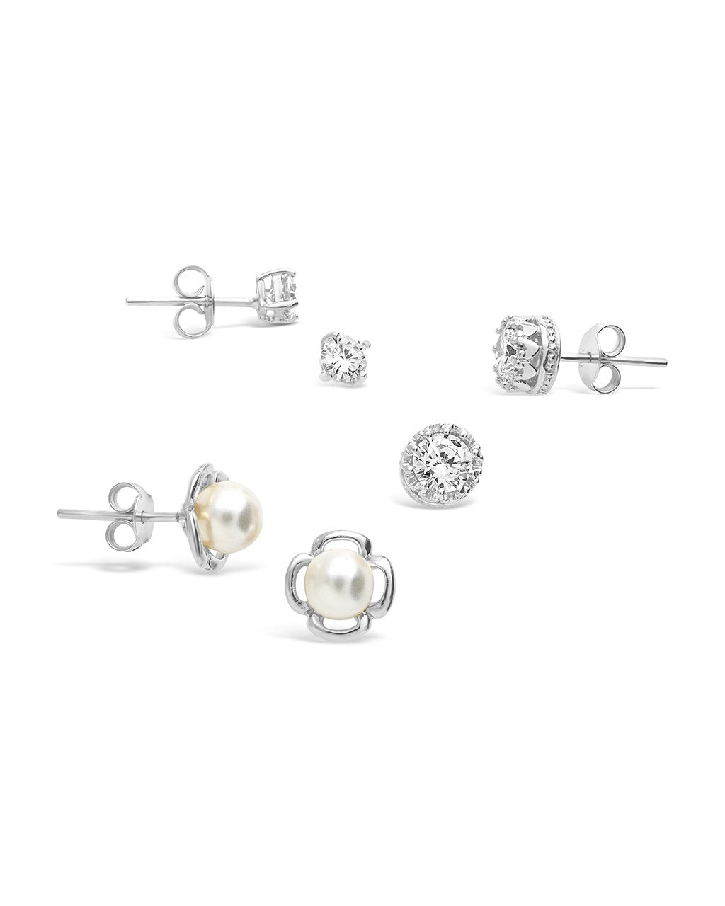 Sterling Silver Pearl & CZ Stud Set of 3 - Sterling Forever