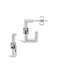 Square CZ Carabiner Clip Huggie Hoops Earring Sterling Forever Silver Multi