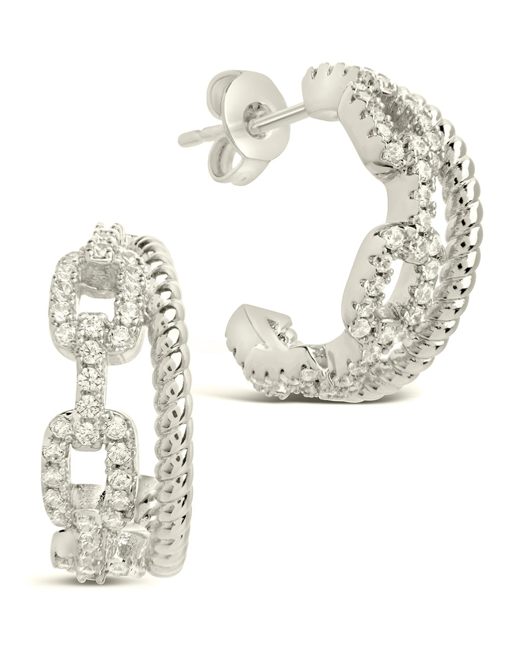 Rope & CZ Chain Link Stud Hoops Earring Sterling Forever Silver 