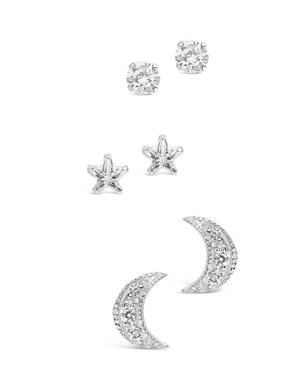Sterling Silver CZ Crescent, Star, & Stud Set of 3 - Sterling Forever