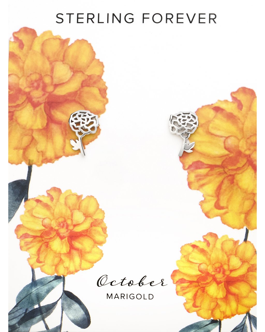 Sterling Silver Birth Flower Studs Earring Sterling Forever Silver October / Marigold 