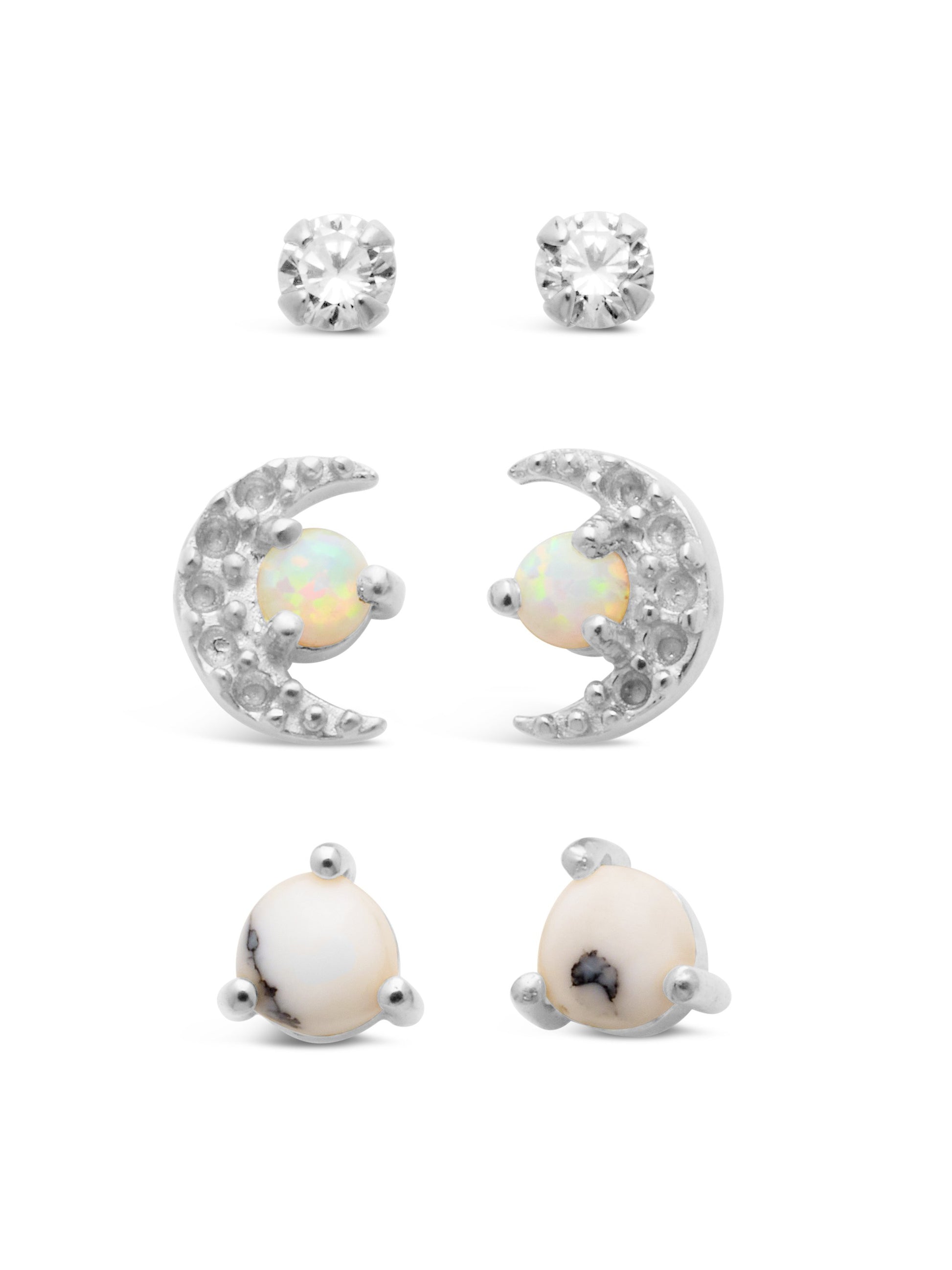 Sterling Silver CZ, Marble, & Opal Crescent Stud Set of 3 Earring Sterling Forever Silver 