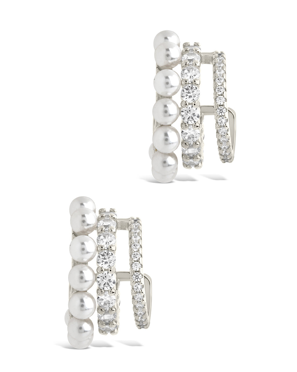 Three Row Pearl & CZ Huggie Hoop Studs Earring Sterling Forever 