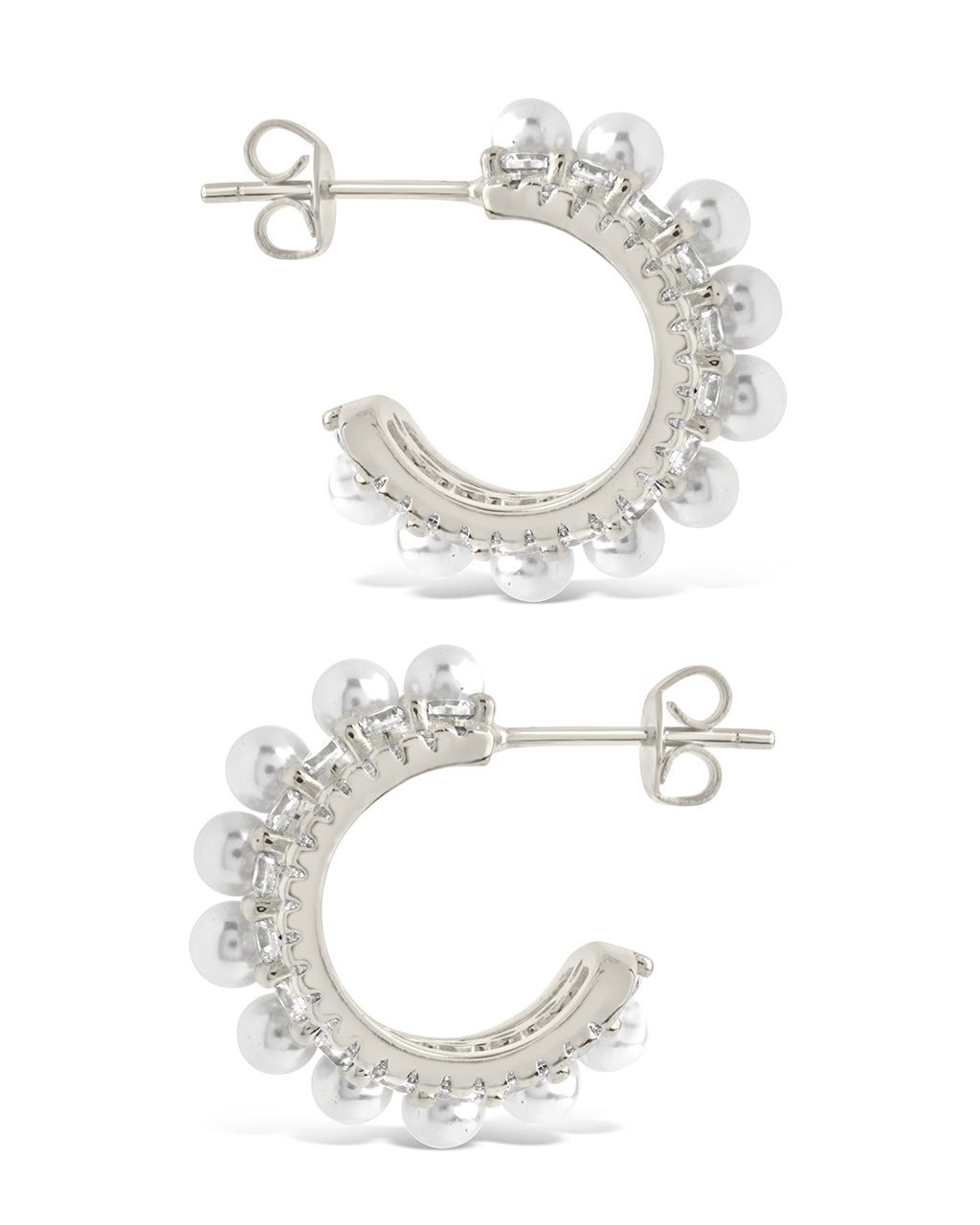 Three Row Pearl & CZ Huggie Hoop Studs Earring Sterling Forever 