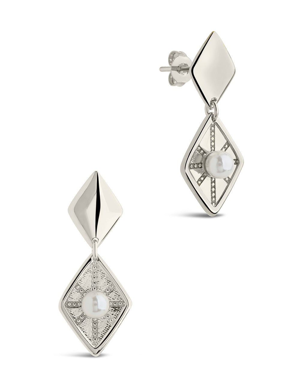 Diamond Heart Post Stud Earrings Quilted Look Rhodium on Sterling Silver