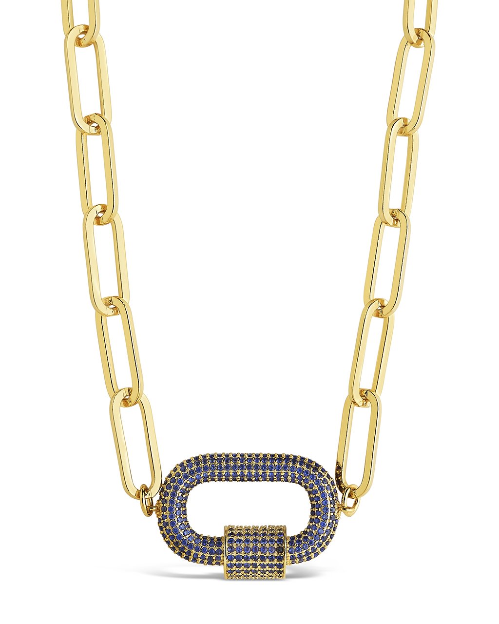 Pave CZ Carabiner Linked Lock Necklace Necklace Sterling Forever Gold Blue 