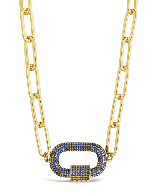 Pave CZ Carabiner Linked Lock Necklace Necklace Sterling Forever Gold Blue 