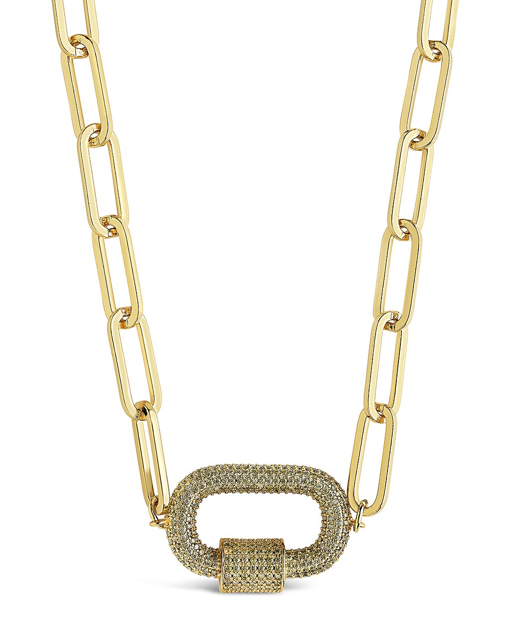 Pave CZ Carabiner Linked Lock Necklace Necklace Sterling Forever Gold Green 