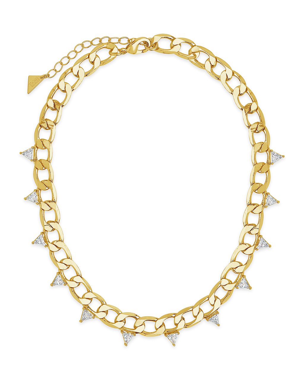 Cuban Chain Choker with Triangle Station CZs Necklace Sterling Forever Gold 