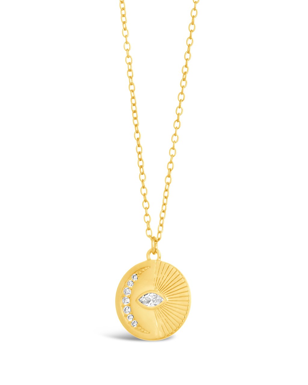 CZ Crescent & Evil Eye Disk Pendant Necklace Sterling Forever Gold 