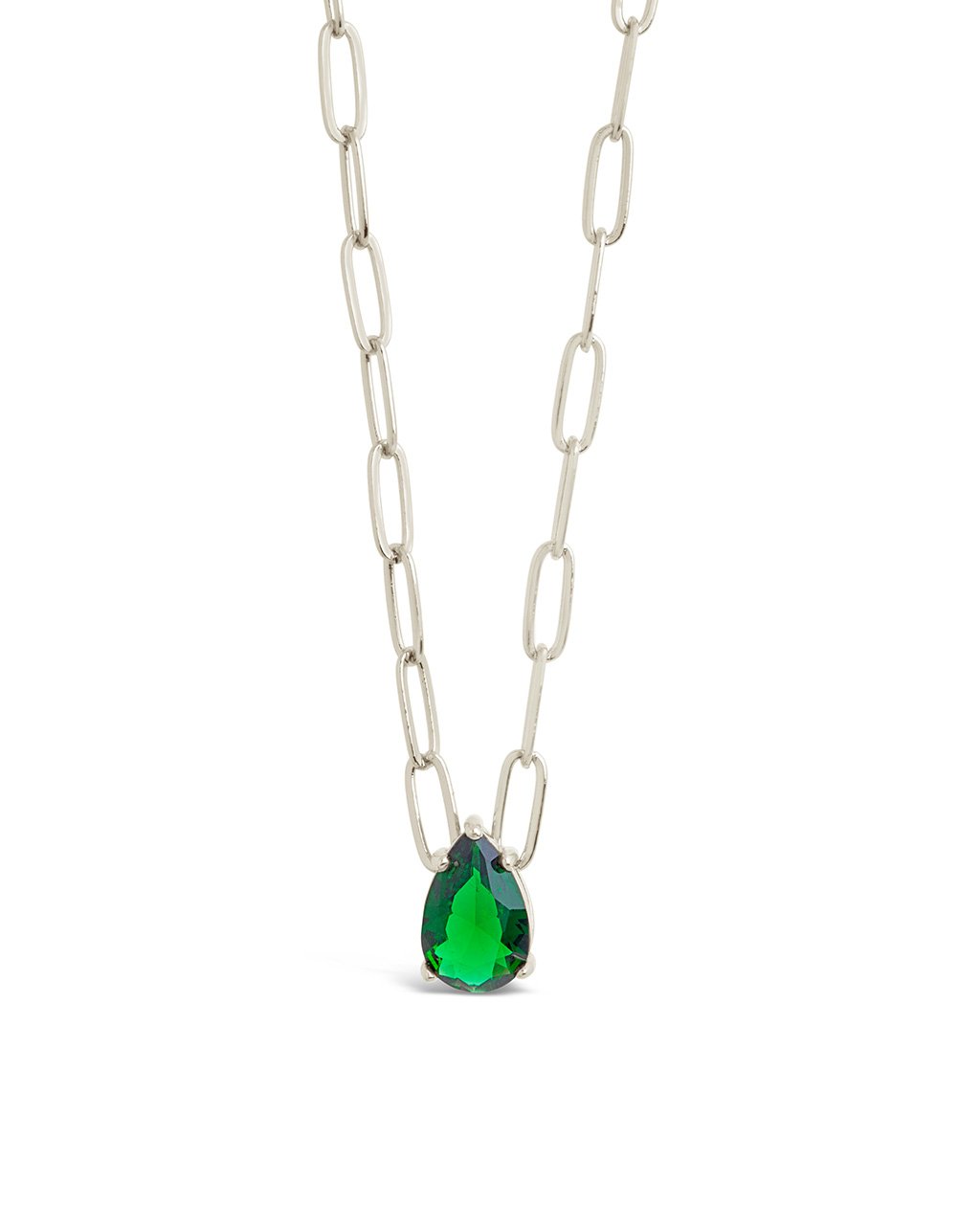 Paperclip Chain with Teardrop Pendant Necklace Sterling Forever Silver Emerald 