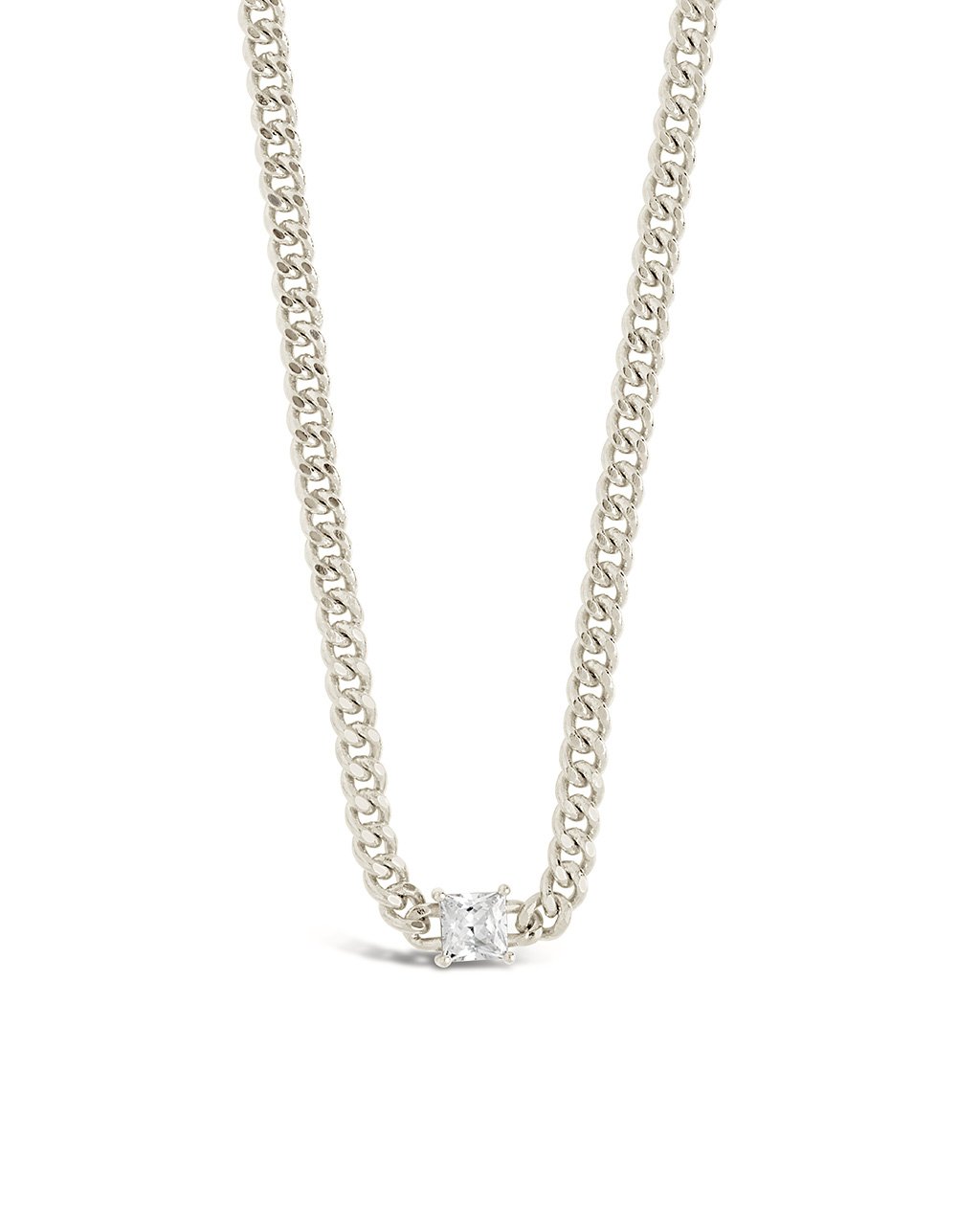 Curb Chain Necklace with Stationed CZ Necklace Sterling Forever Silver 