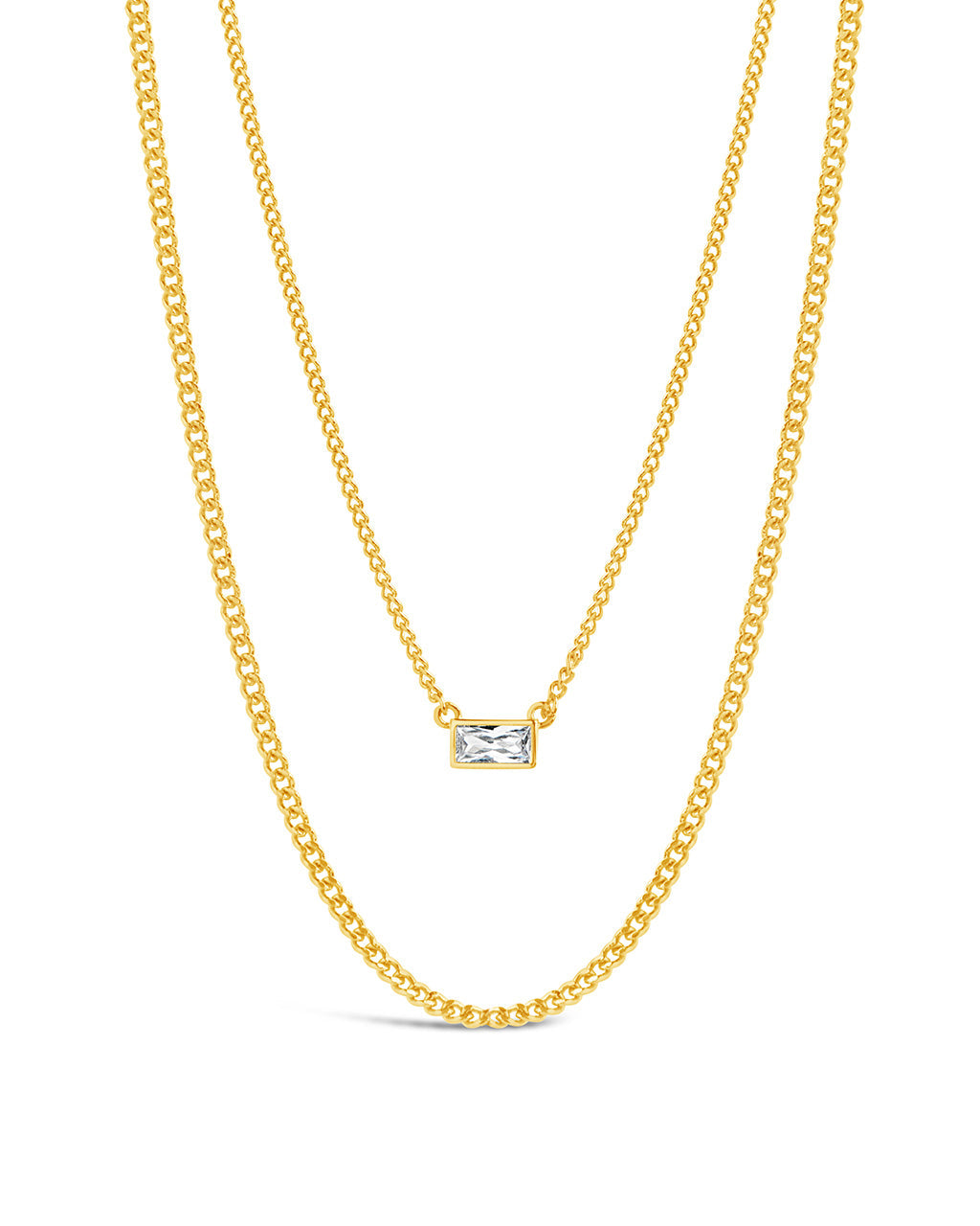 CZ Baguette Layered Curb Chain Necklace Necklace Sterling Forever Gold 