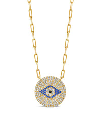 CZ Evil Eye Disk Pendant Necklace Sterling Forever Gold 