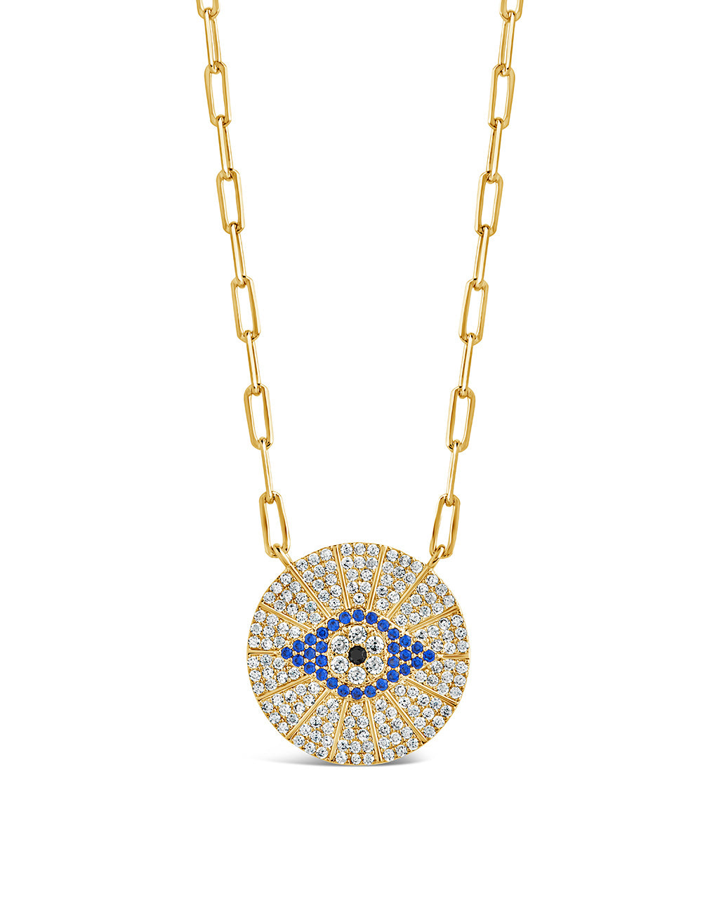 CZ Evil Eye Disk Pendant Necklace Sterling Forever Gold 