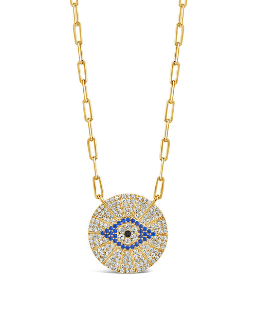 CZ Evil Eye Disk Pendant Necklace Sterling Forever Gold 