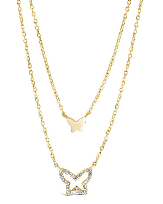 Sterling Silver CZ & Butterfly Layered Necklace Necklace Sterling Forever Gold 