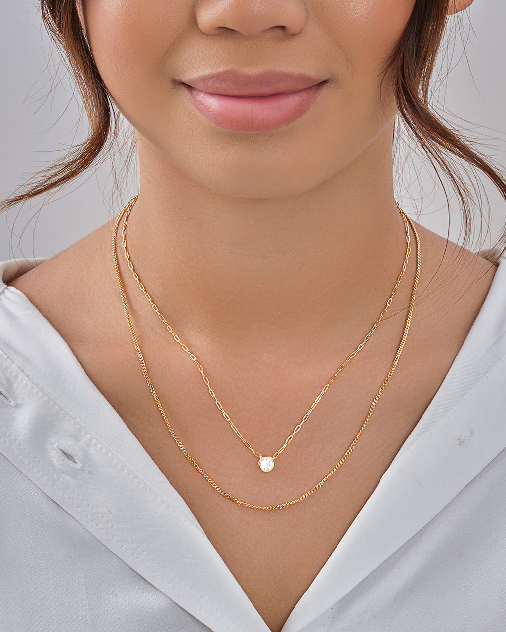 Delicate Sterling Silver 2 Layer Chain Necklace with Bezel CZ Charm Necklace Sterling Forever 