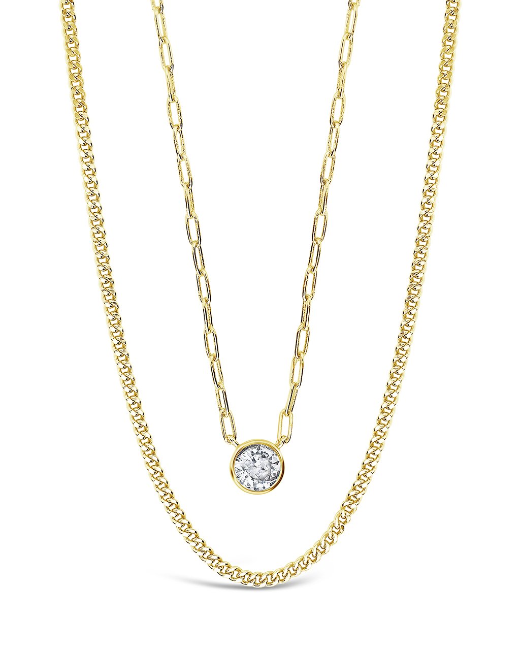 Delicate Sterling Silver 2 Layer Chain Necklace with Bezel CZ Charm Necklace Sterling Forever Gold 