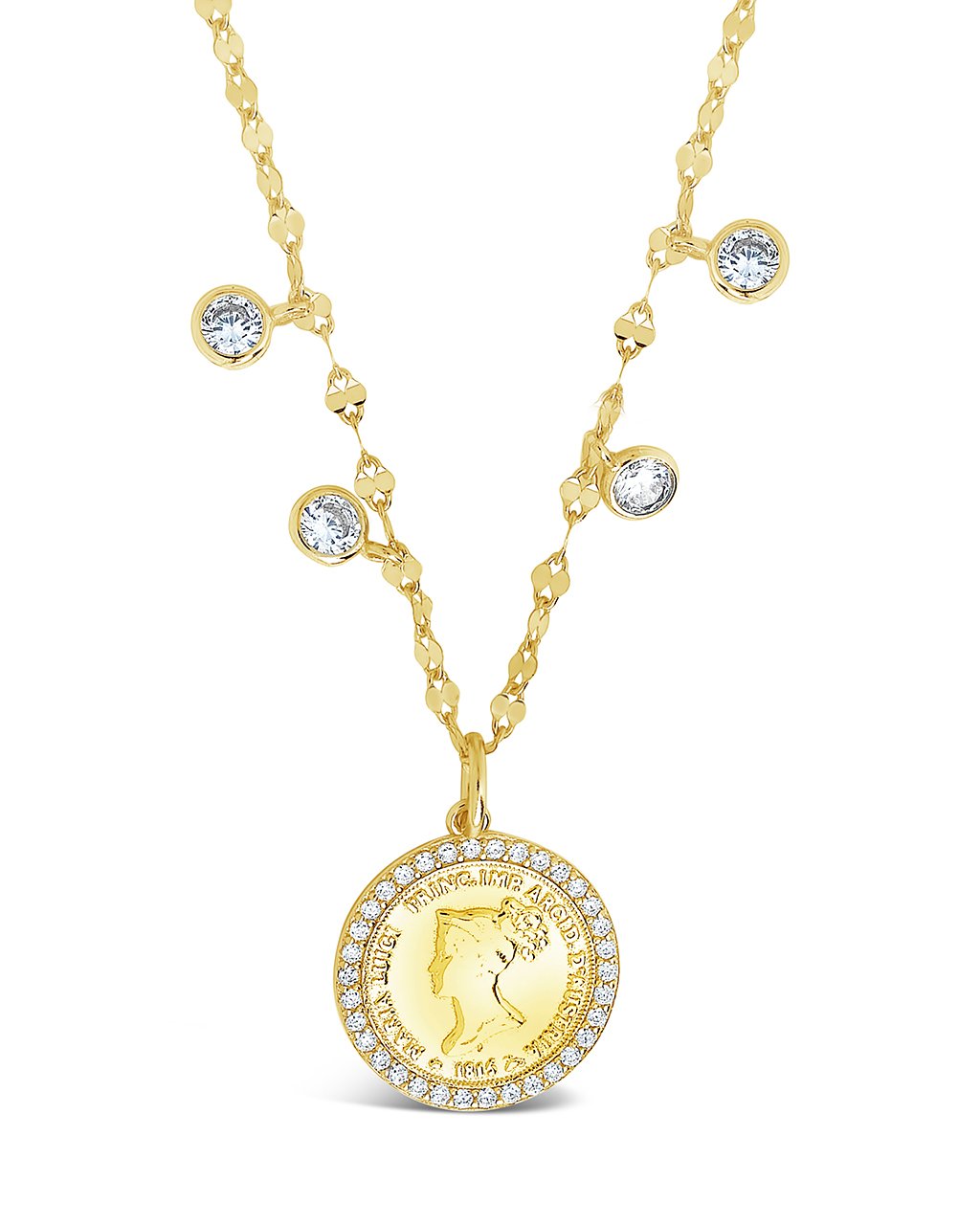 Sterling Silver Coin Medallion & Bezel CZ Charm Necklace Necklace Sterling Forever Gold 