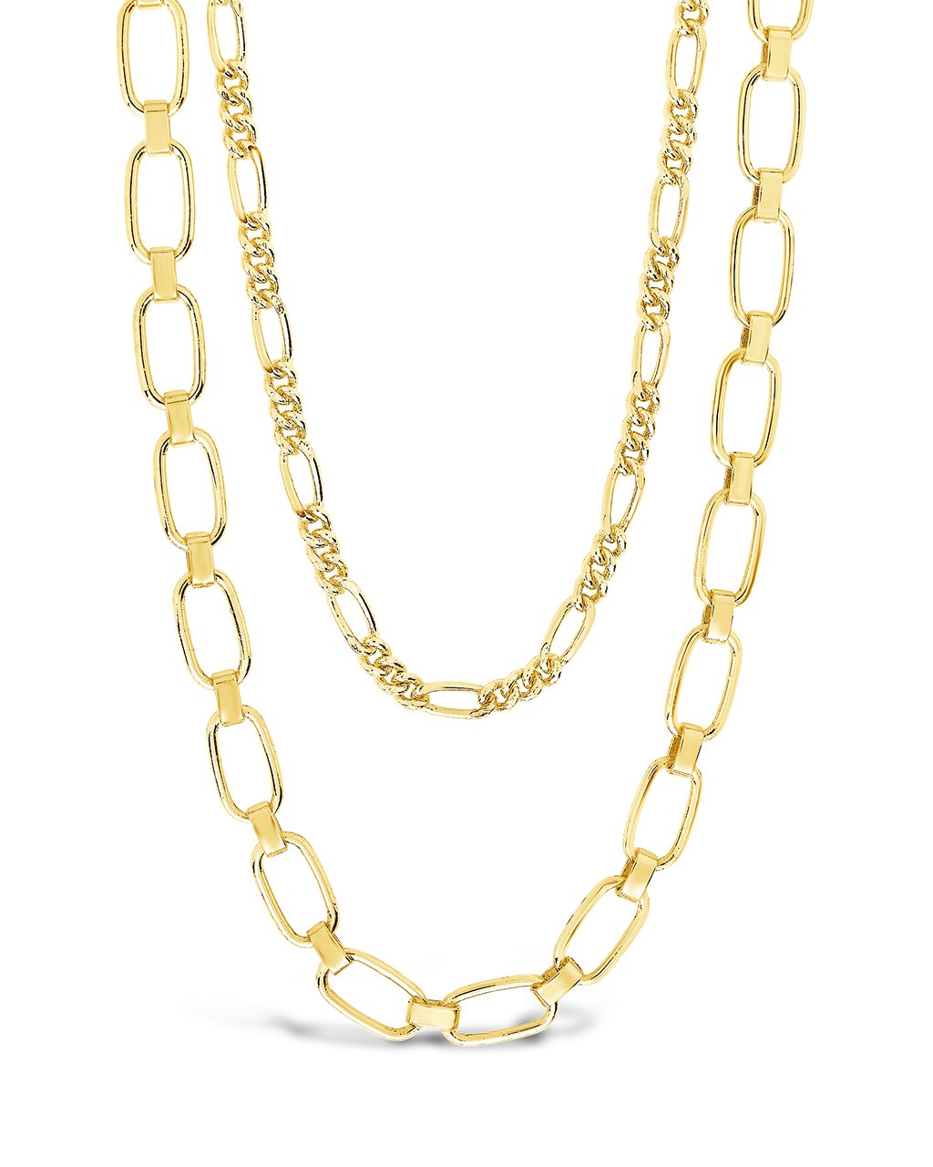 Figaro & Square Link Layered Chain Necklace Necklace Sterling Forever Gold 