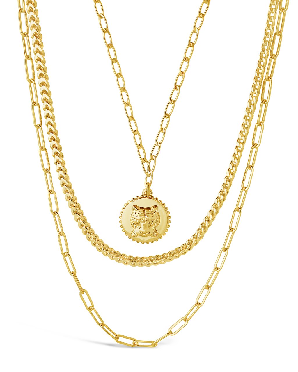Layered Chains with Tiger Charm Necklace Sterling Forever Gold 